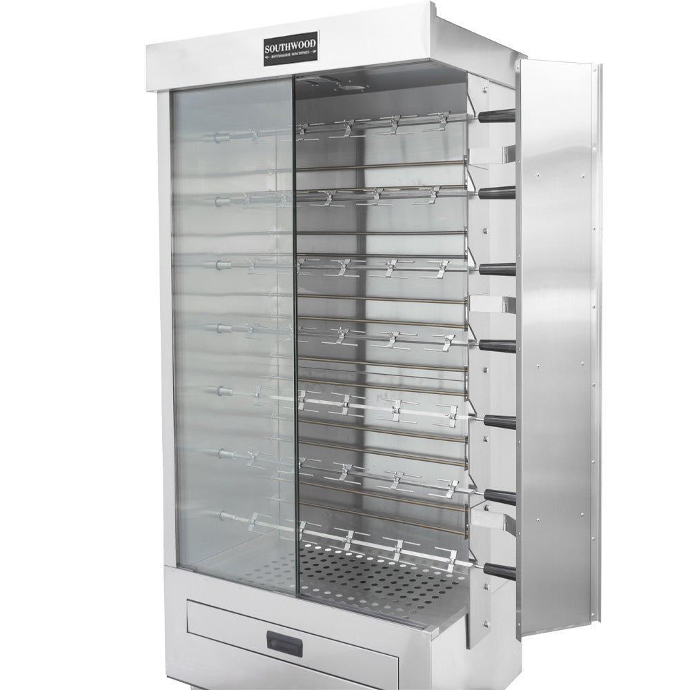 Southwood RE7 electric 7-spit chicken rotisserie oven, with the glass door open