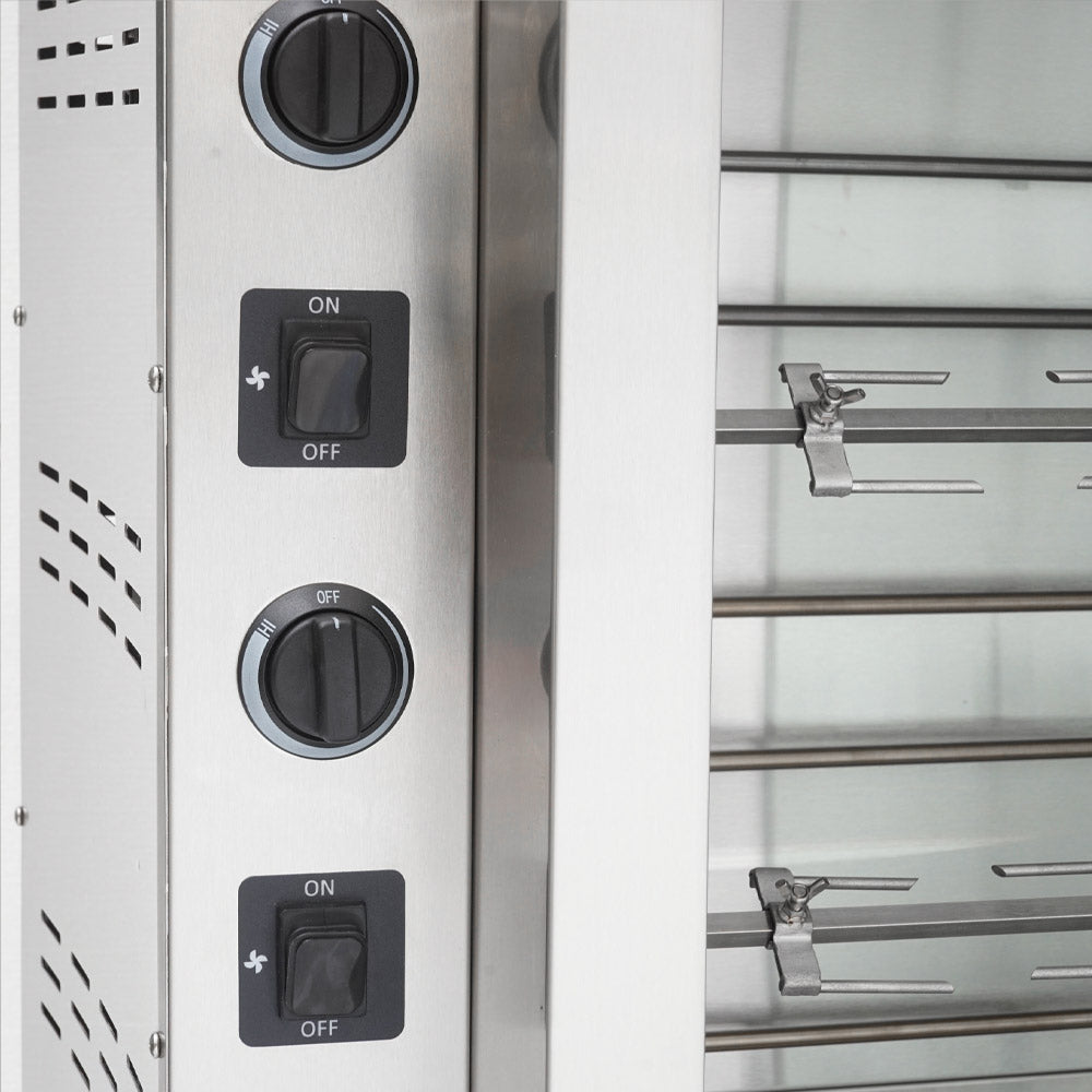 Southwood RE4 electric 4-spit chicken rotisserie oven, element and motor controls, close-up