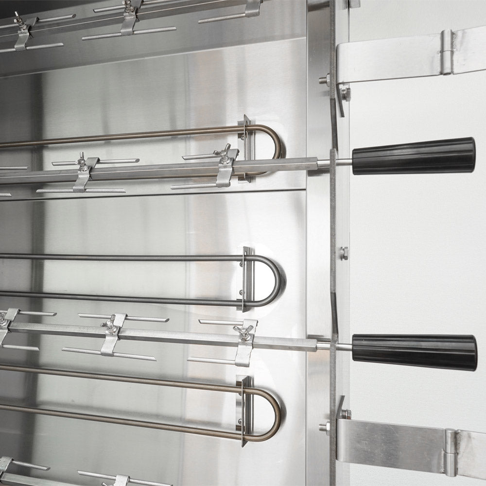 Southwood RE7 electric 7-spit chicken rotisserie oven, spits and skewers with Bakelite handles, close-up