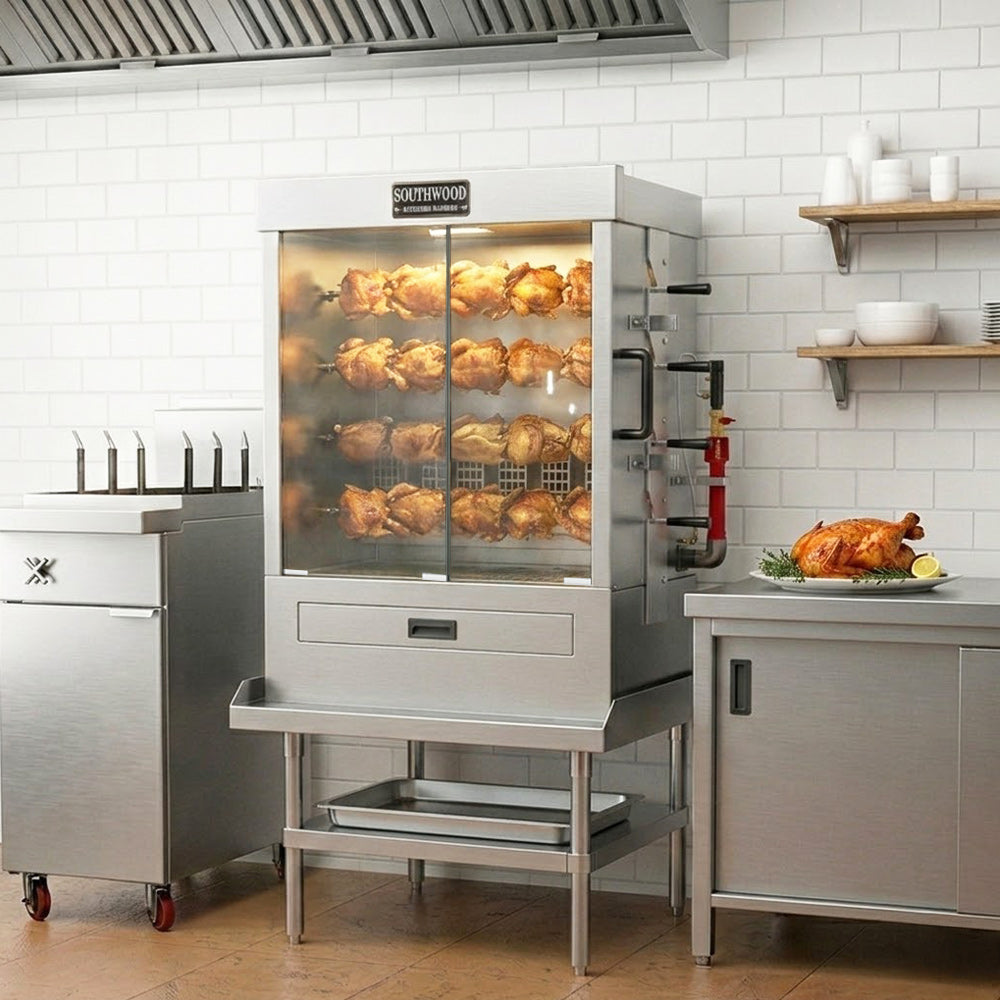 Southwood RG4-NG gas 4-spit chicken rotisserie oven, in a kitchen on an optional stand with chickens (stand sold separately)