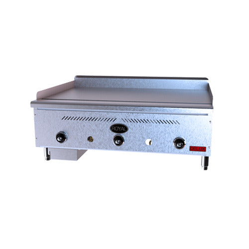 Royal Range GT-series thermostatic gas griddle, front angle view (representative image, 36" model shown)
