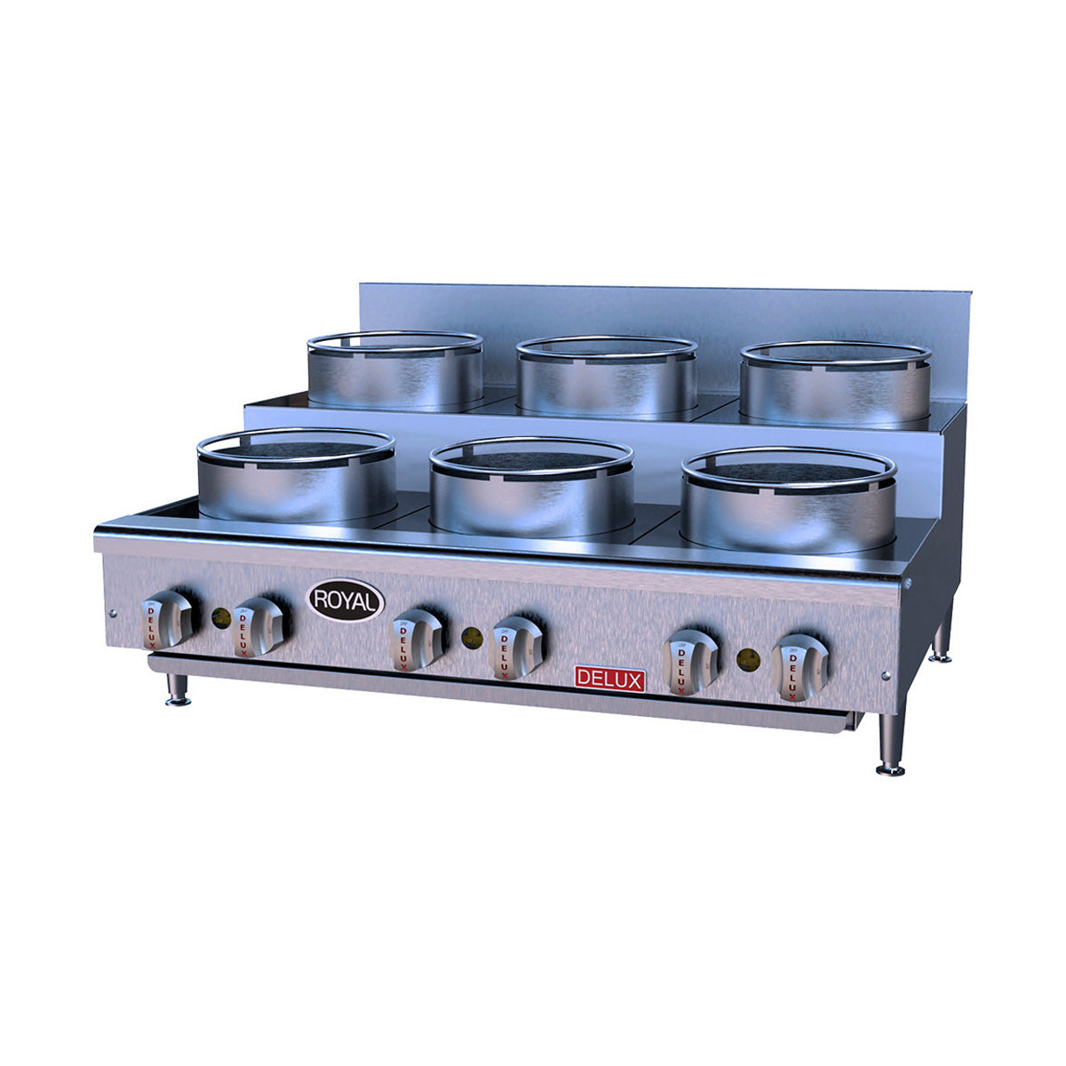 Royal Range ORSU Delux step-up Flex System wok hot plate with wok rings and pots, front view (representative image, 36" ORSU-636 shown)