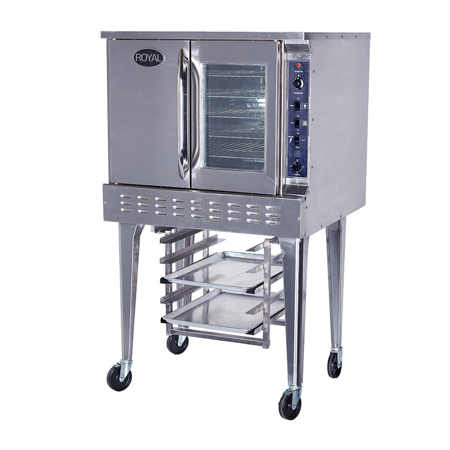Royal Range RCOS-1-HE single-deck gas convection oven, front angle view, shown with optional pan rack and casters