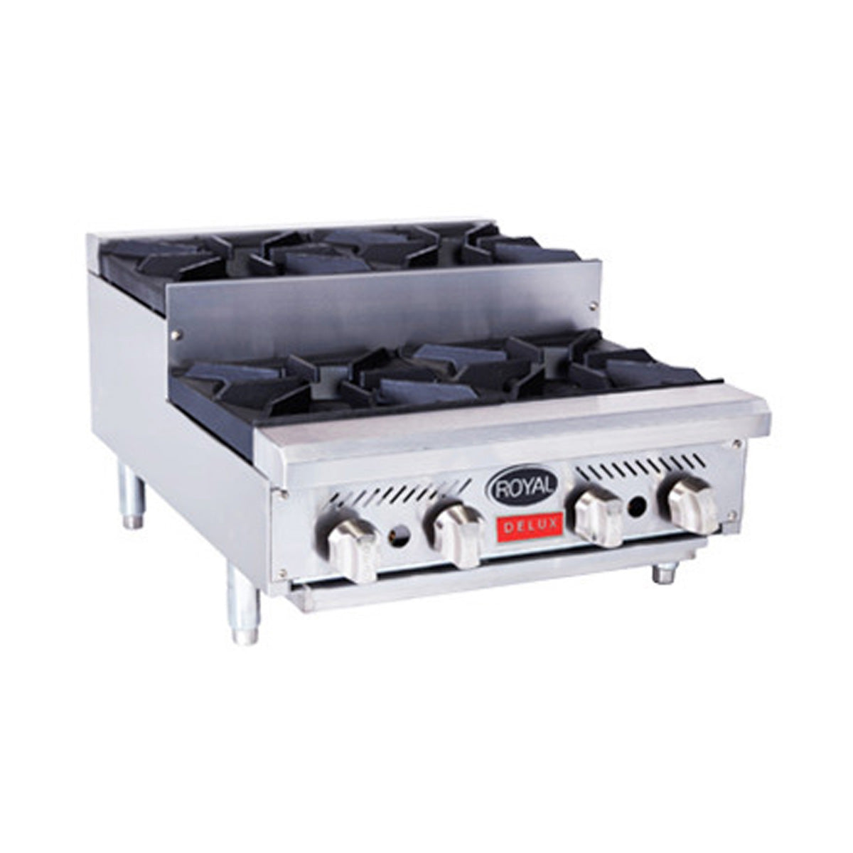 Royal Range Delux-series 4-burner step-up gas hot plate, front angle view (representative image, 24" model shown)