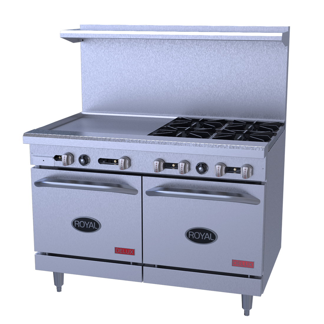Royal Range Delux Series gas restaurant range, front angle view (representative image; the size, top, ovens and casters shown differ from this model)