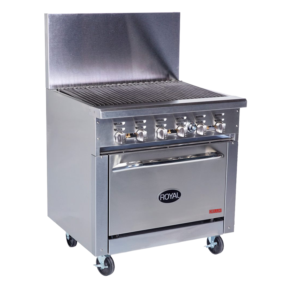 Royal Range Delux Series radiant broiler range with standard oven, front angle view, shown with optional casters (representative image)
