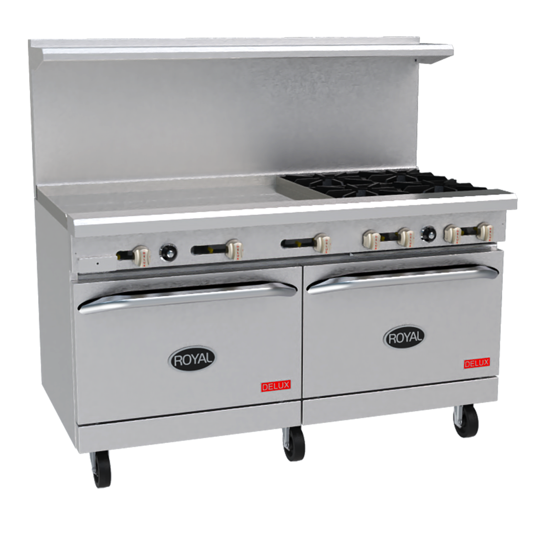 Royal Range Delux Series gas restaurant range, front angle view (representative image; the size, top, ovens and casters shown differ from this model)