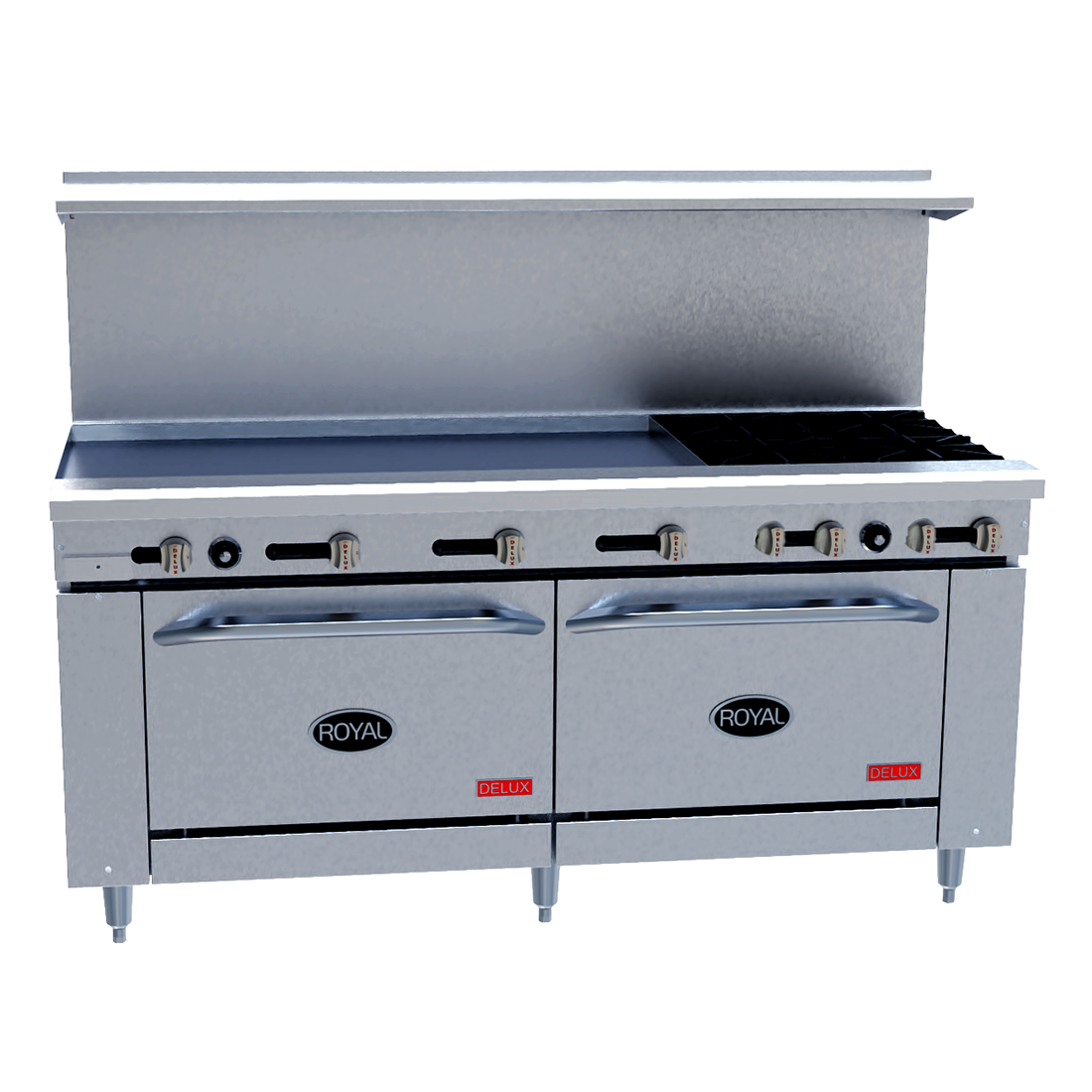 Royal Range Delux Series gas restaurant range, front angle view (representative image; the size, top, ovens and casters shown differ from this model)