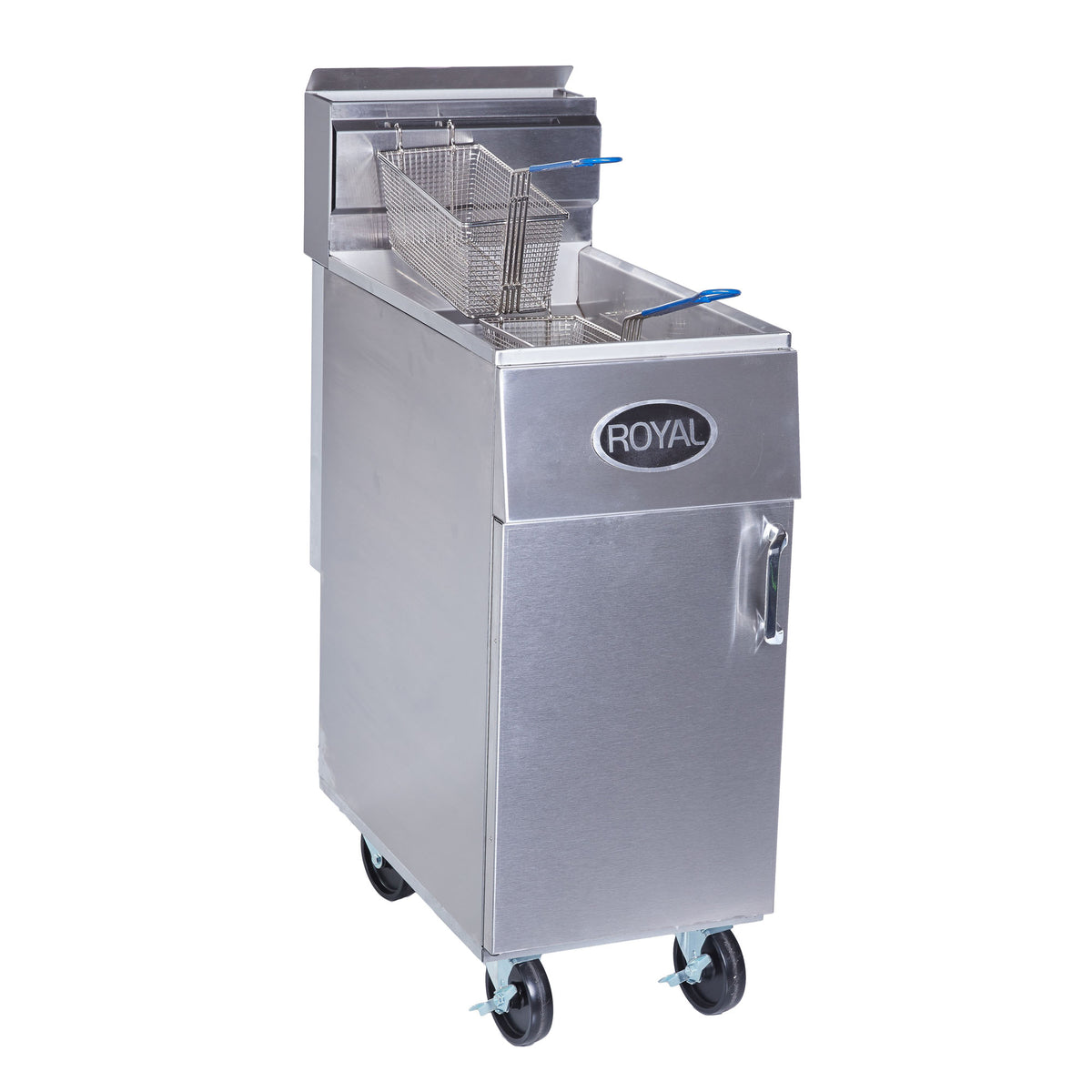 Royal Range REEF-35-2 energy efficient gas fryer, front angle view, shown with optional casters