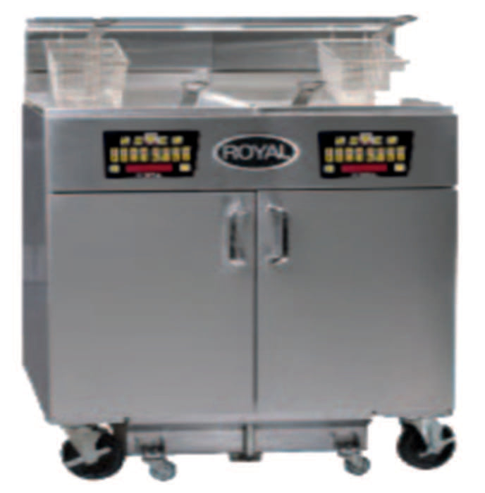Royal Range REF-14XX series electric fryer battery with built-in filter, front view (representative image, 2-tank model shown)