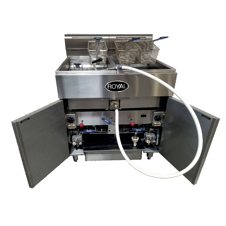Royal Range fryer battery with built-in filter, doors open showing the filter hose (representative image, 2-tank model shown)