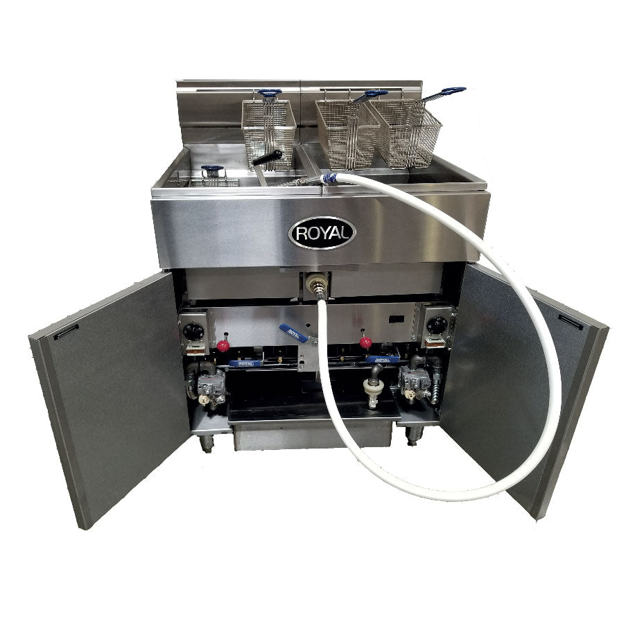 Royal Range RFT-75 fryer battery with built-in filter, doors open showing the filter hose (representative image, 2-tank model shown)