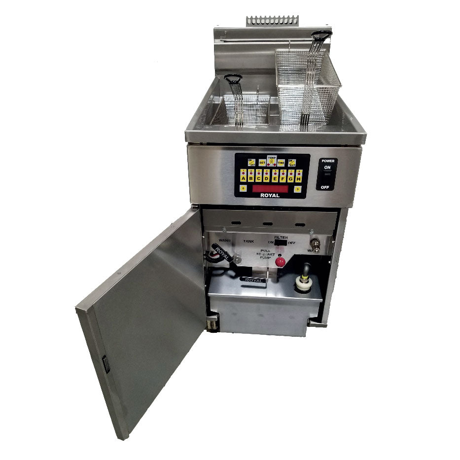 Royal Range RHEF series fryer with built-in filter, door open showing the filter pan (representative image, single-tank CM model shown)