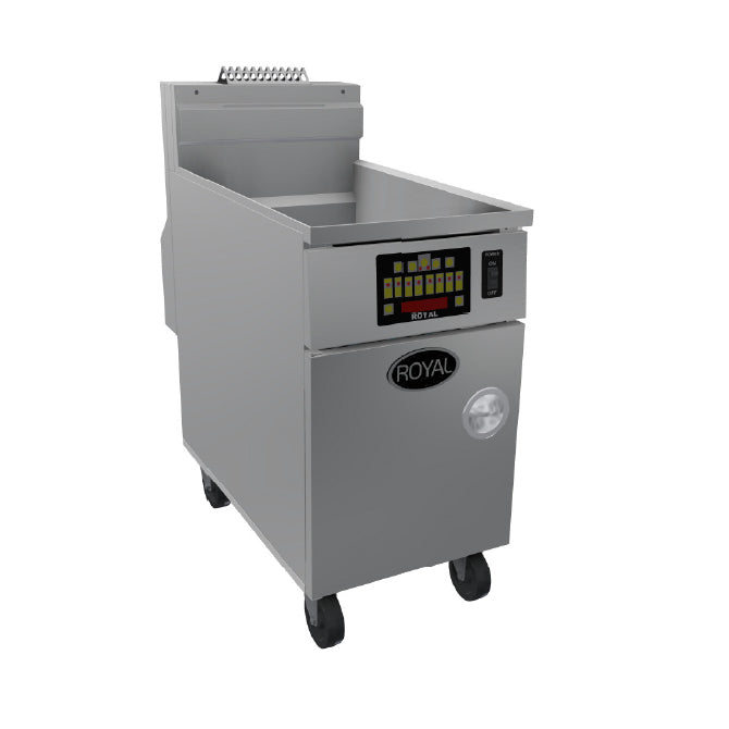Royal Range RHEF-75 high efficiency gas fryer, front angle view, shown with optional casters