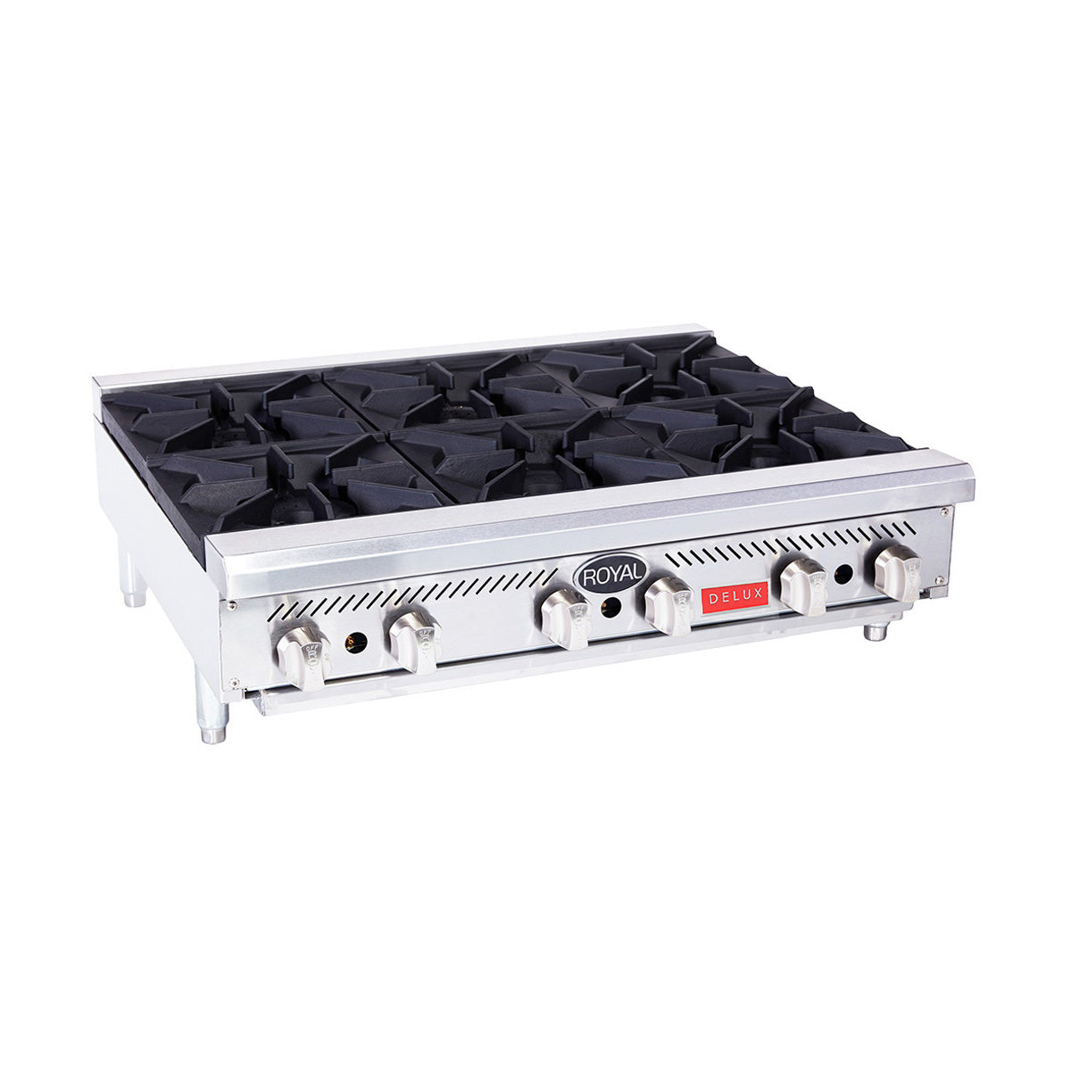 Royal Range Delux-series 6-burner countertop gas hot plate, front angle view (representative image, 36" model shown)