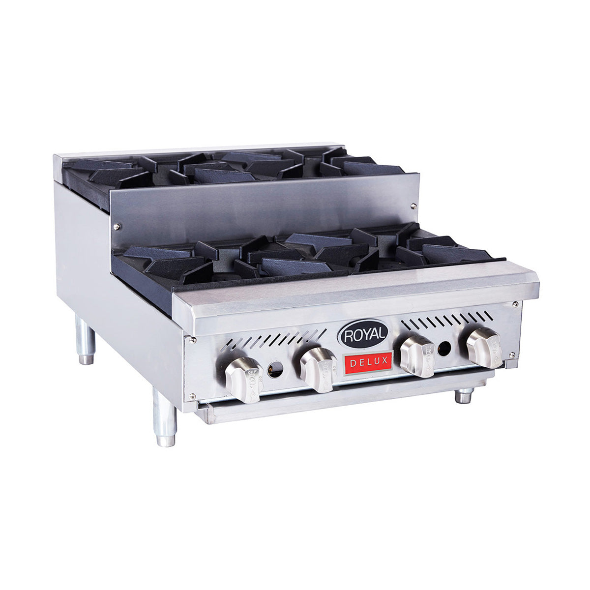 Royal Range Delux-series 4-burner step-up gas hot plate, front angle view (representative image, 24" model shown)