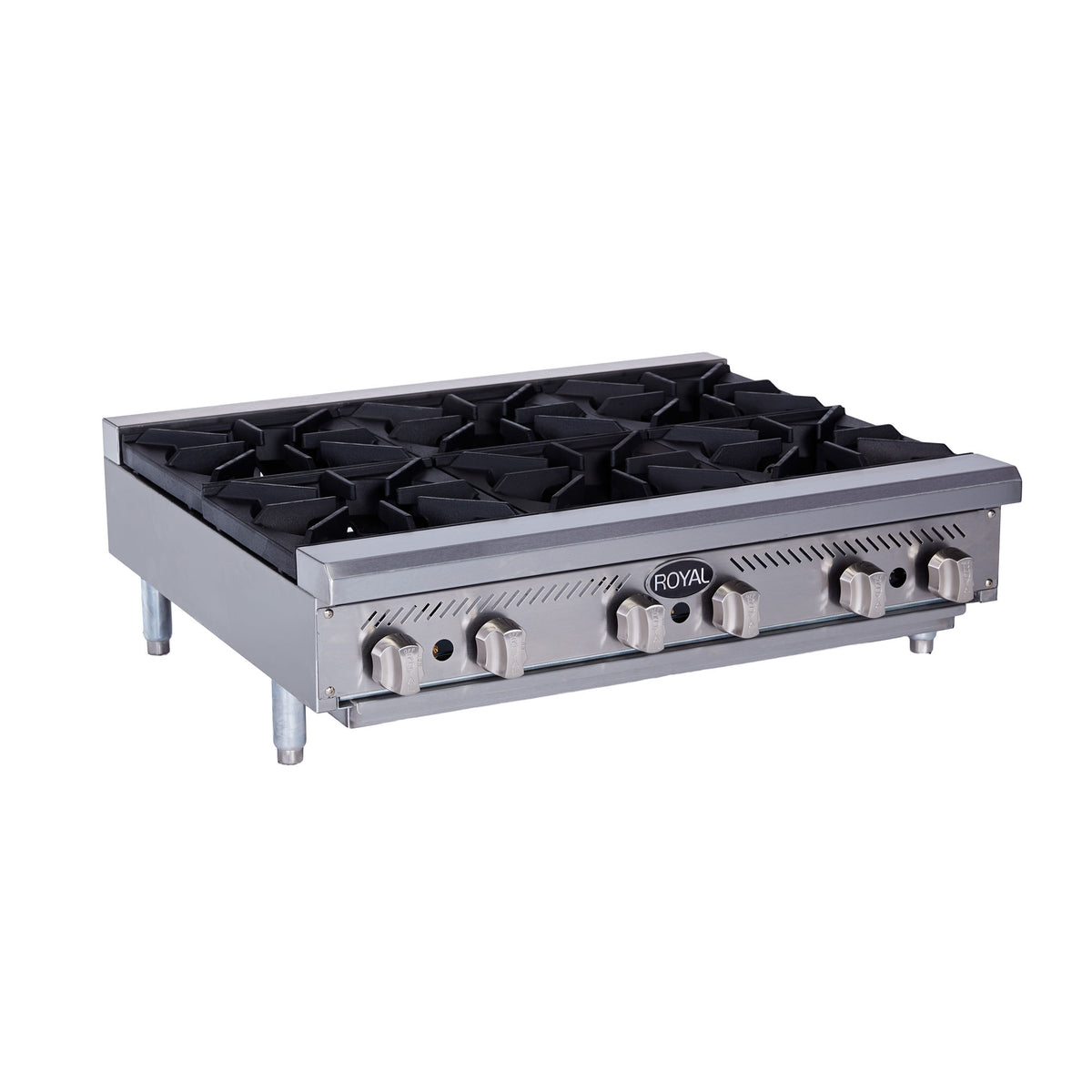 Royal Range RHP-36-6 36" 6-burner countertop gas hot plate, front angle view