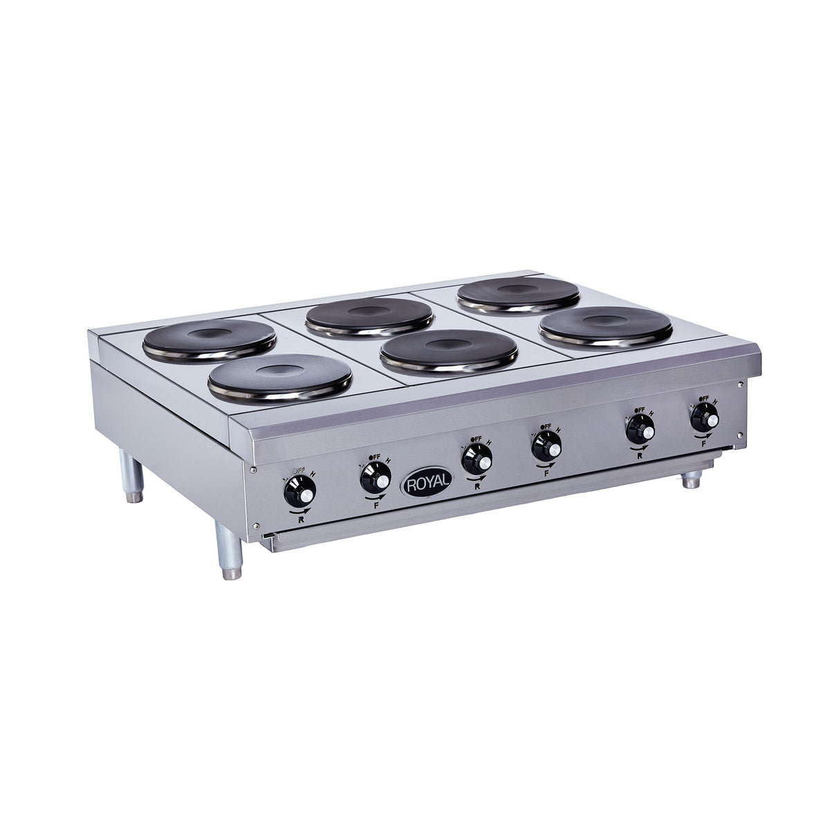 Royal Range RHPE 6-element countertop electric hot plate, front angle view (representative image, 36" RHPE-36-6 shown)