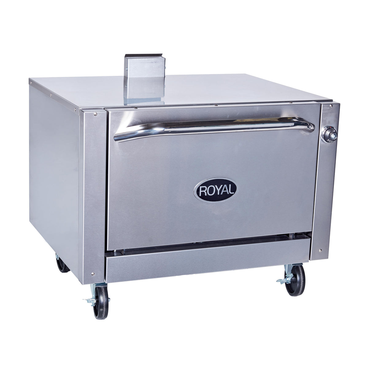 Royal Range RR-36 single deck gas oven, front angle view, shown with optional casters (representative image)