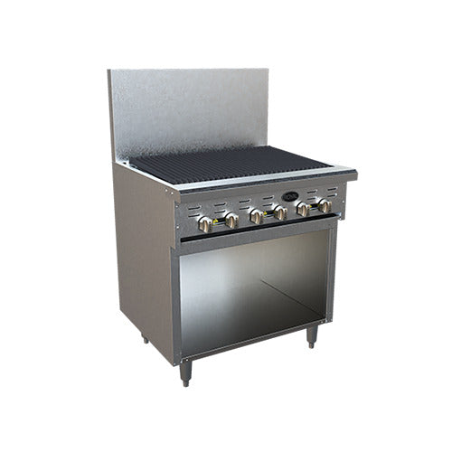 Royal Range RR-36RB-XB 36" radiant broiler range with open storage base, front angle view