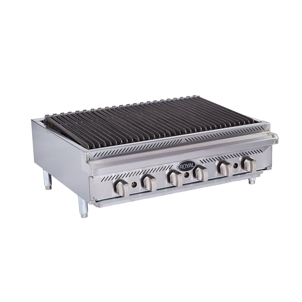 Royal Range RRB series countertop radiant charbroiler, front angle view (representative image, 6-burner RRB-36 shown)