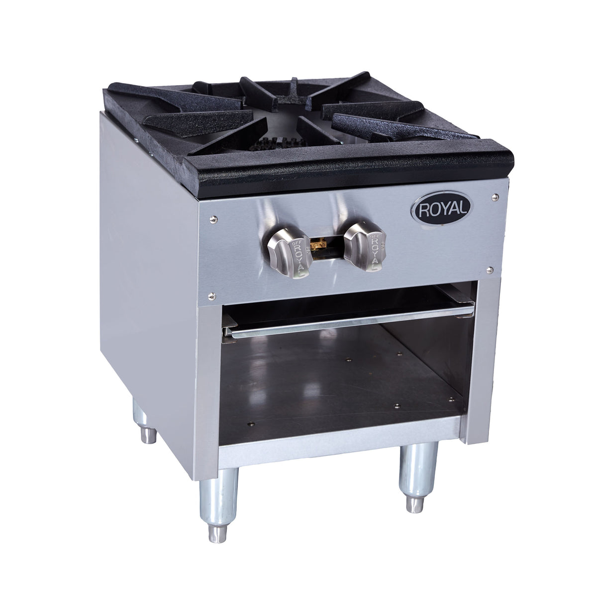 Royal Range RSP-18 gas stock pot range with three-ring burner, front angle view