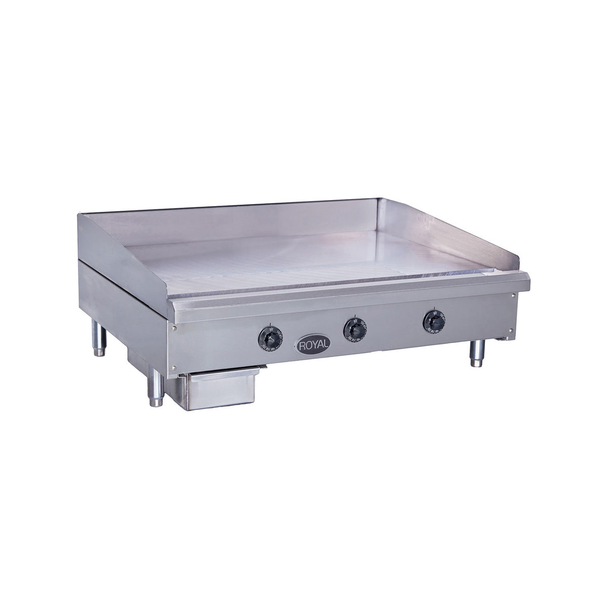Royal Range RTGE-series electric thermostatic griddle, front angle view (representative image, 36" model shown)