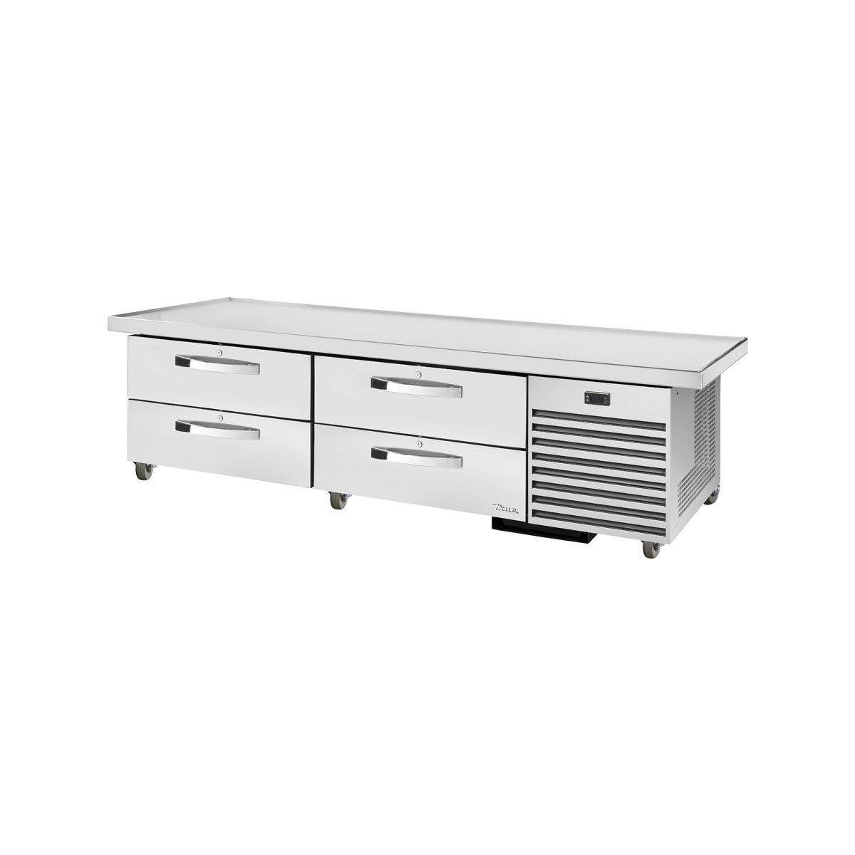 True TRCB-79-86-HC~SPEC3 4-drawer chef base, front angle view, drawers closed