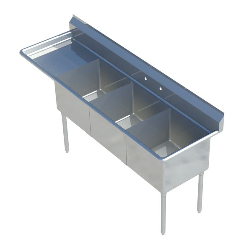 Sapphire SMS-3-1824-L24 3-Compartment Commercial Sink – 74.5" Wide – Left-Hand Drainboard