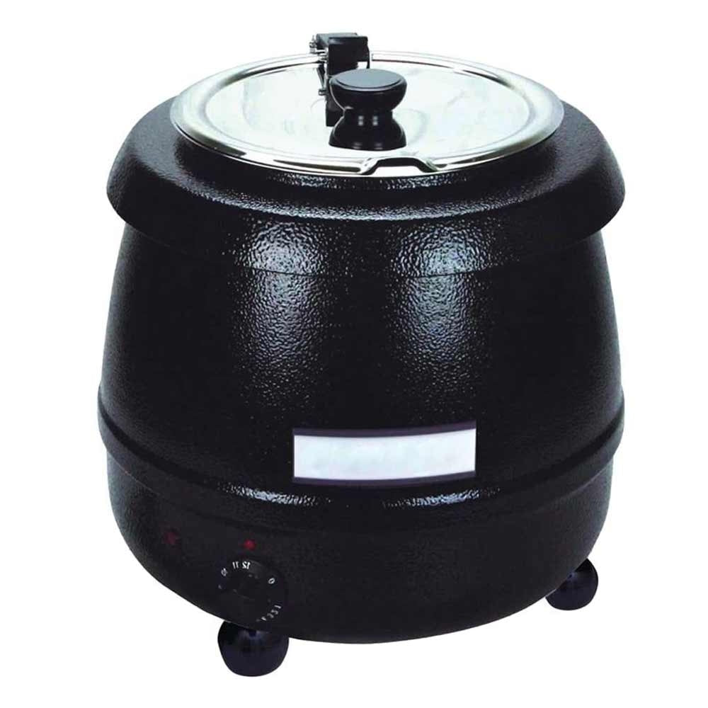 Prepline PSB6000-B black 10 liter soup kettle with stainless hinged lid, front view
