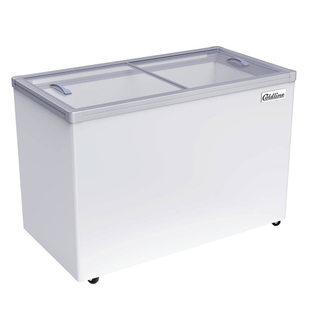 Coldline SD54 flat glass top ice cream display freezer, angled front view, left side