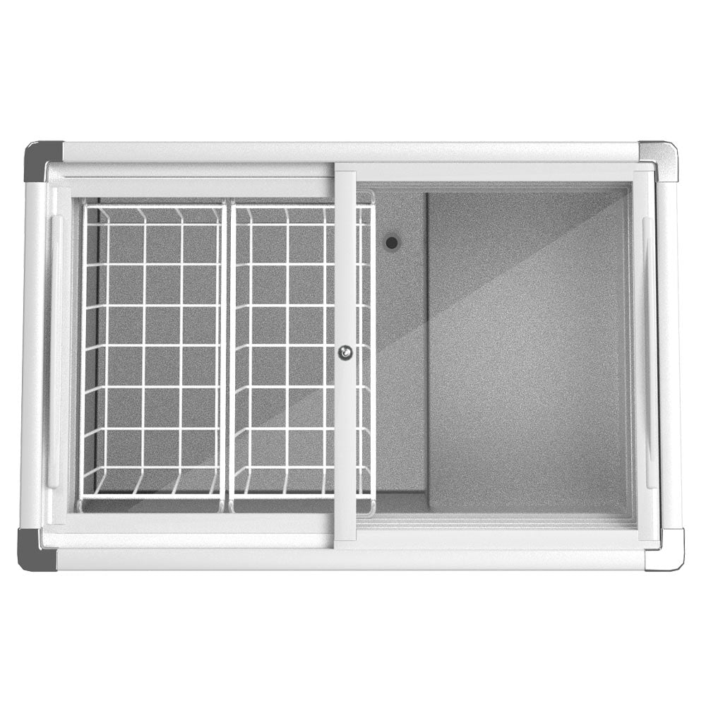 Coldline SD34 flat glass top ice cream display freezer, top view with lids open and wire baskets