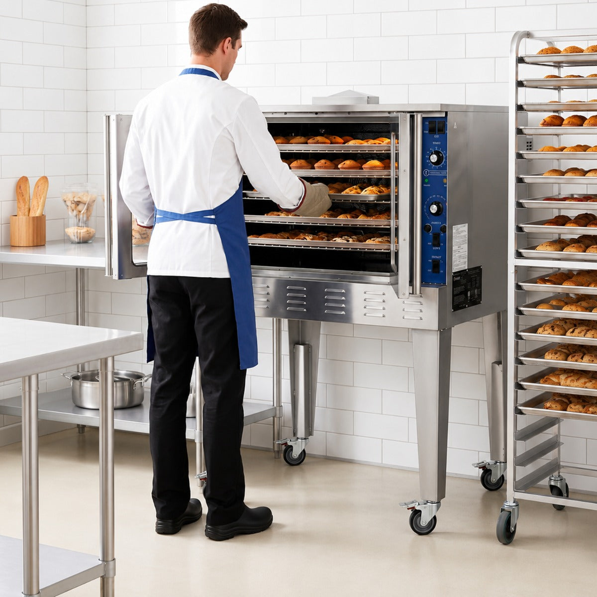 Standard Range SR-COE-SGL-208 single deck electric convection oven, in a commercial kitchen with a sheet pan rack
