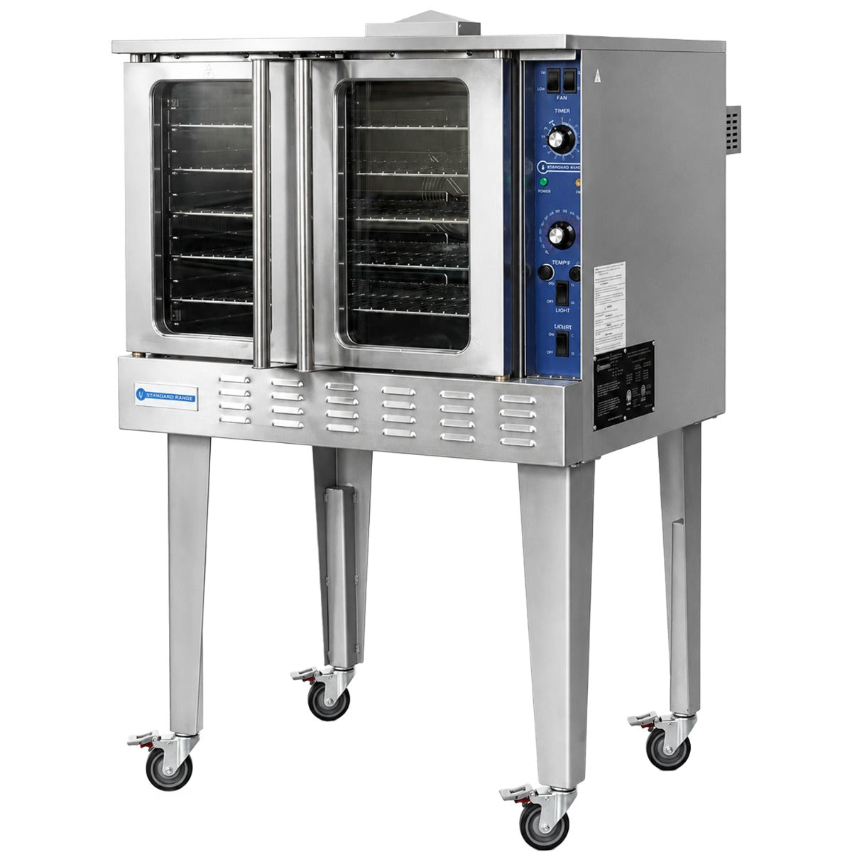 Standard Range SR-COE-SGL-208 single deck electric convection oven, angled front view on legs with casters