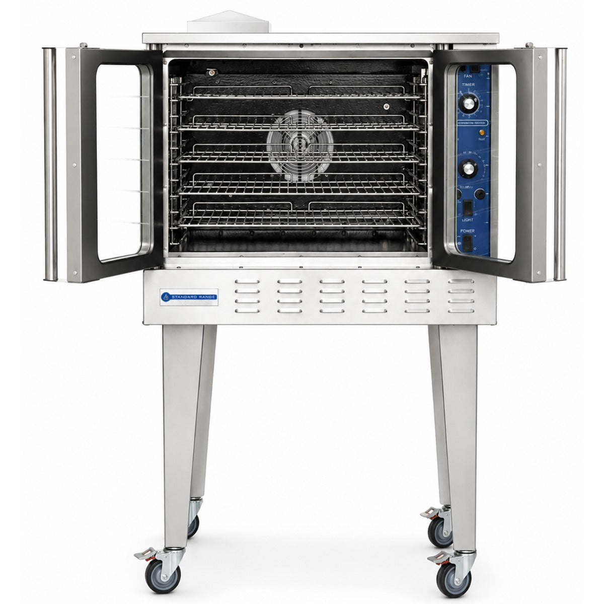 Standard Range SR-COE-SGL-208 single deck electric convection oven, doors open showing 5 racks and the convection fan