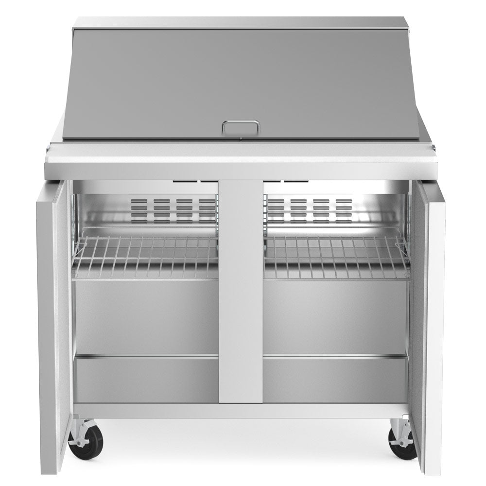 Coldline SMP36 sandwich prep table, doors open showing the shelves