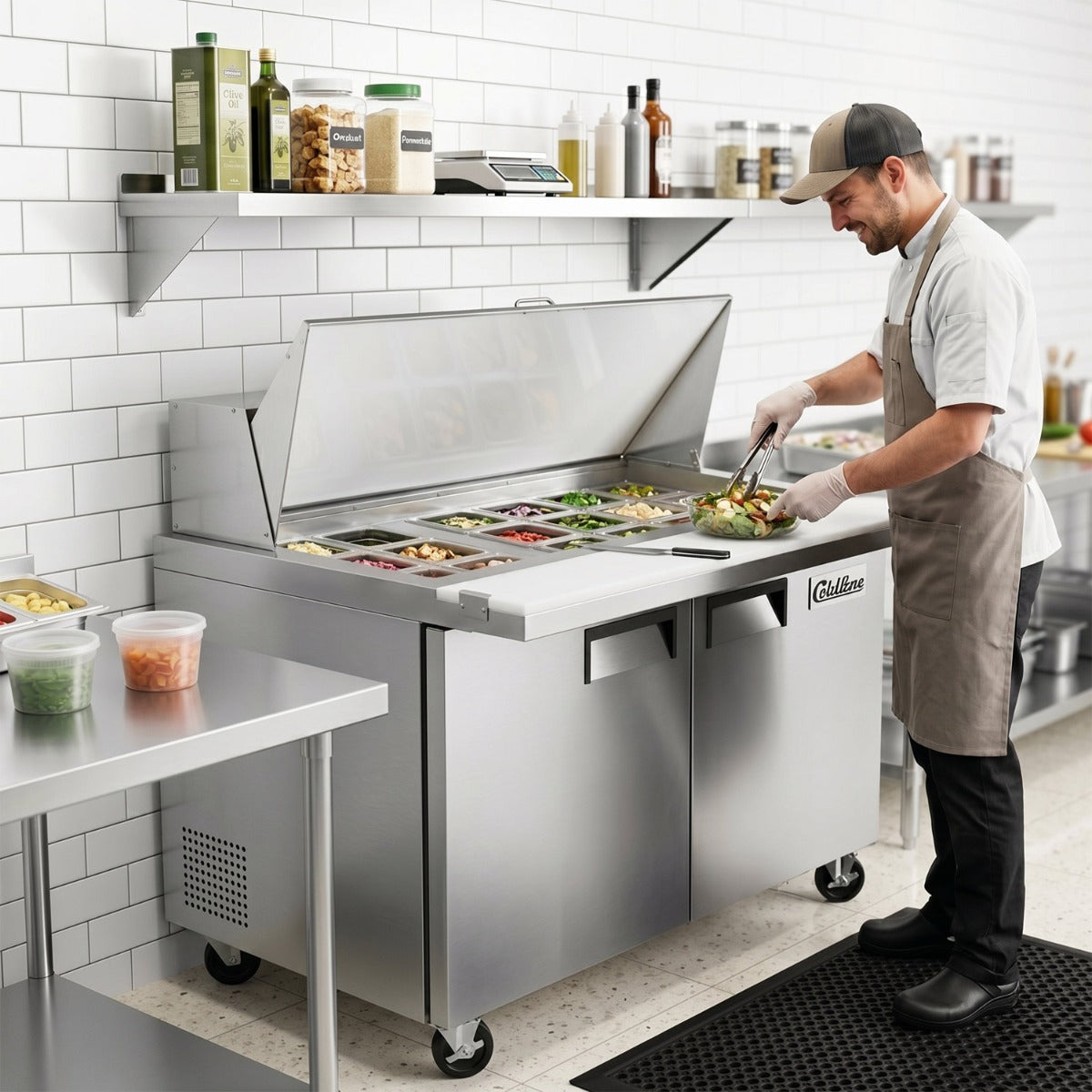Coldline SMP48 sandwich prep table, lid open with ingredients in the pans (representative image)