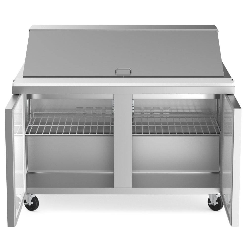 Coldline SMP48 sandwich prep table, doors open showing the shelves