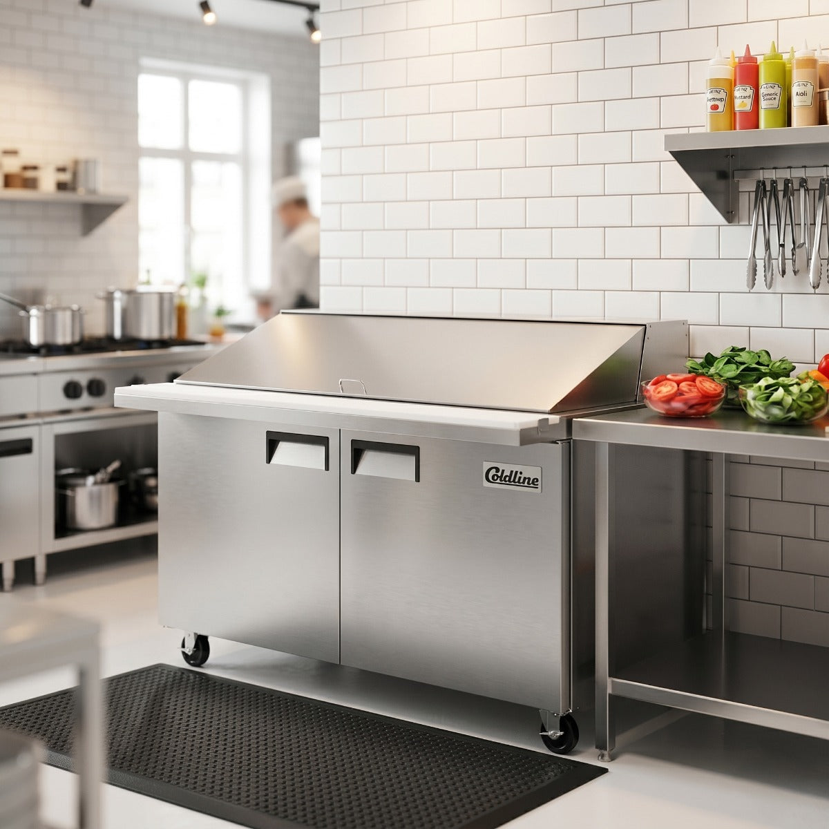 Coldline SMP60 sandwich prep table, lid open with ingredients in the pans (representative image)