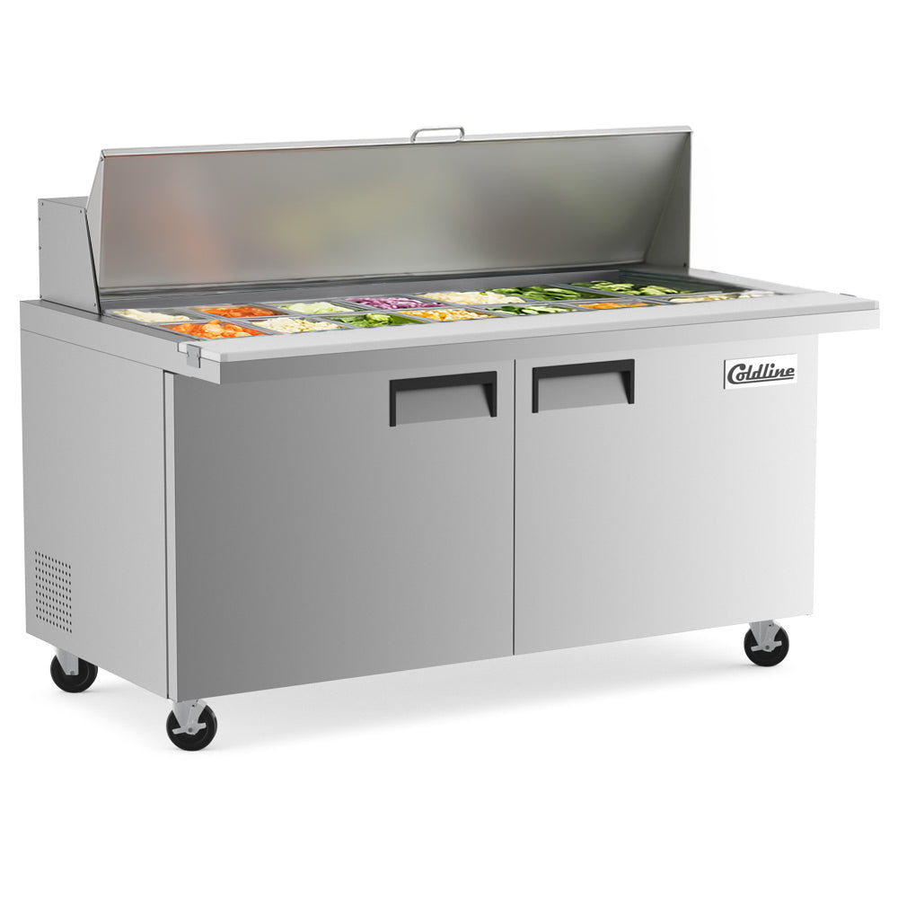 Coldline SMP60 sandwich prep table, lid open with ingredients in the pans (representative image)
