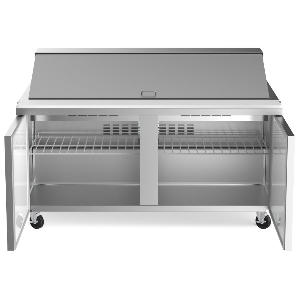 Coldline SMP60 sandwich prep table, doors open showing the shelves