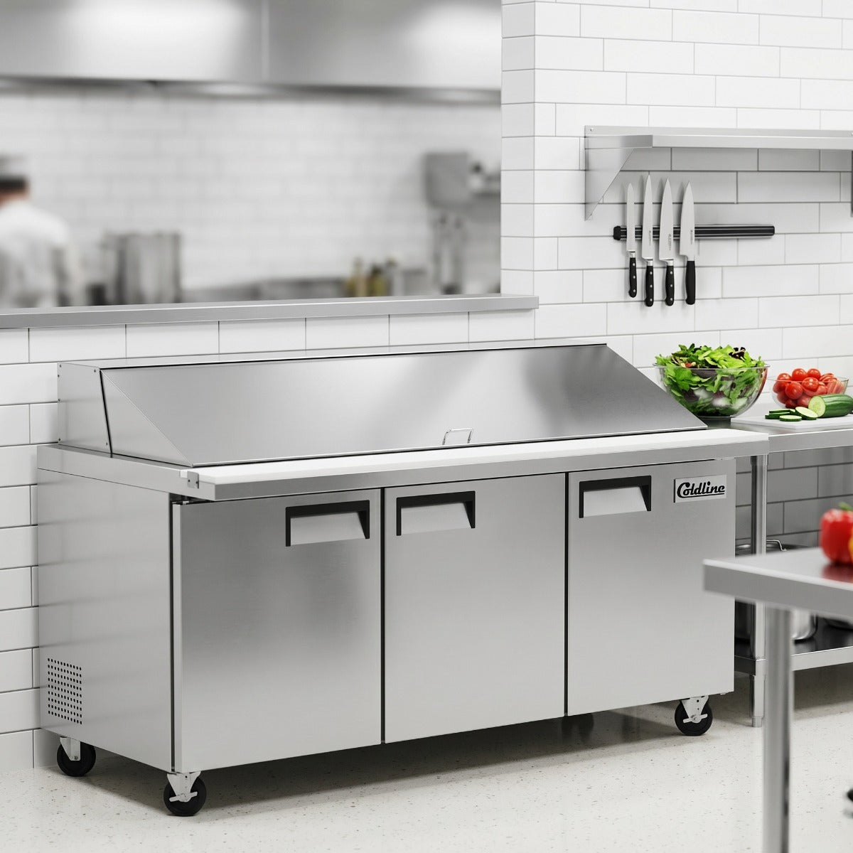 Coldline SMP72 sandwich prep table, lid open with ingredients in the pans (representative image)