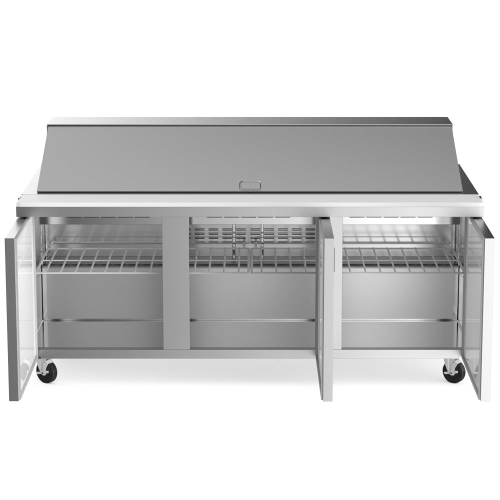 Coldline SMP72 sandwich prep table, doors open showing the shelves
