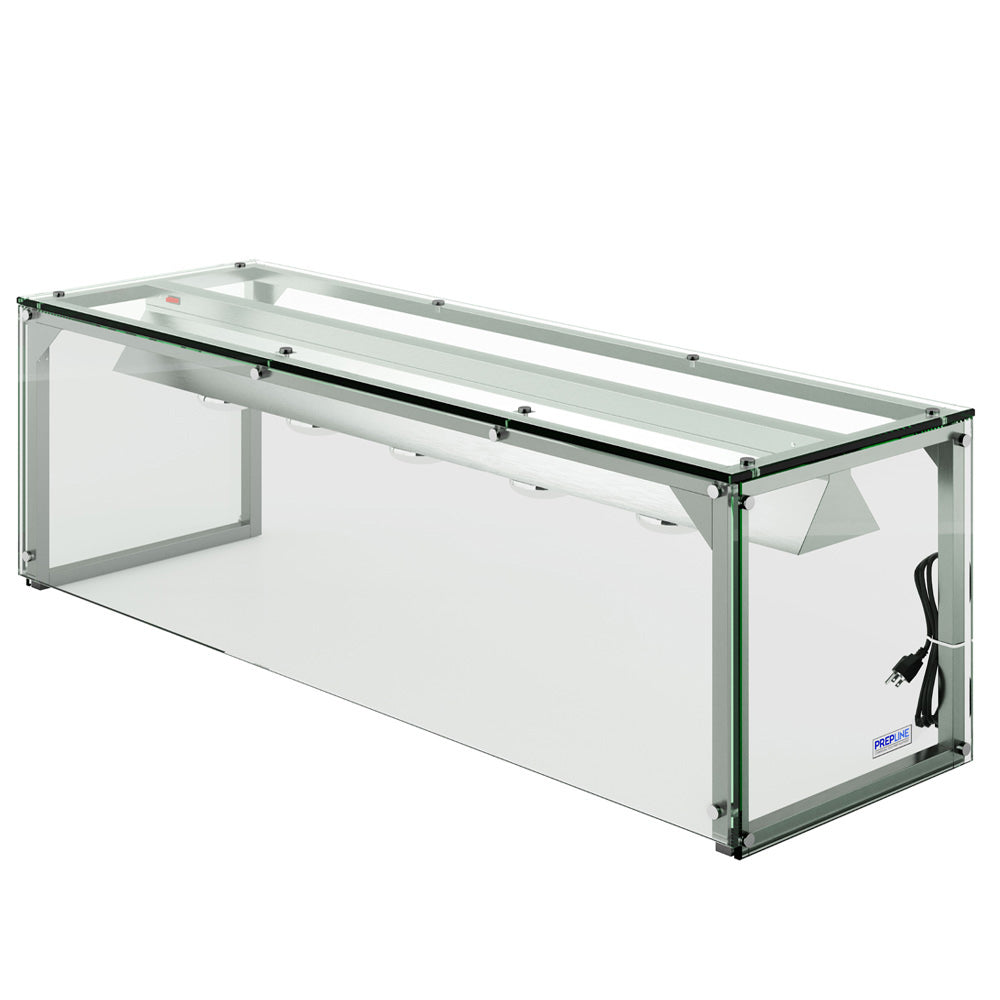 Prepline PSG-LT-74 lighted glass sneeze guard, angled view