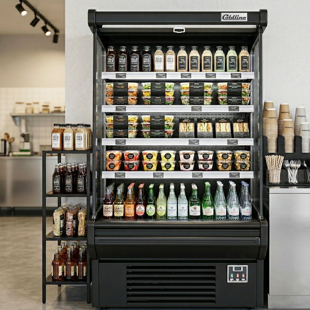 Coldline SOC-51-B black open air merchandiser, stocked with drinks and food in a cafe (representative image)