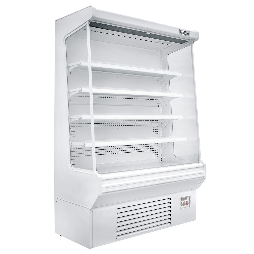 Coldline SOC-61-W white open air merchandiser, angled front view, empty, lights on