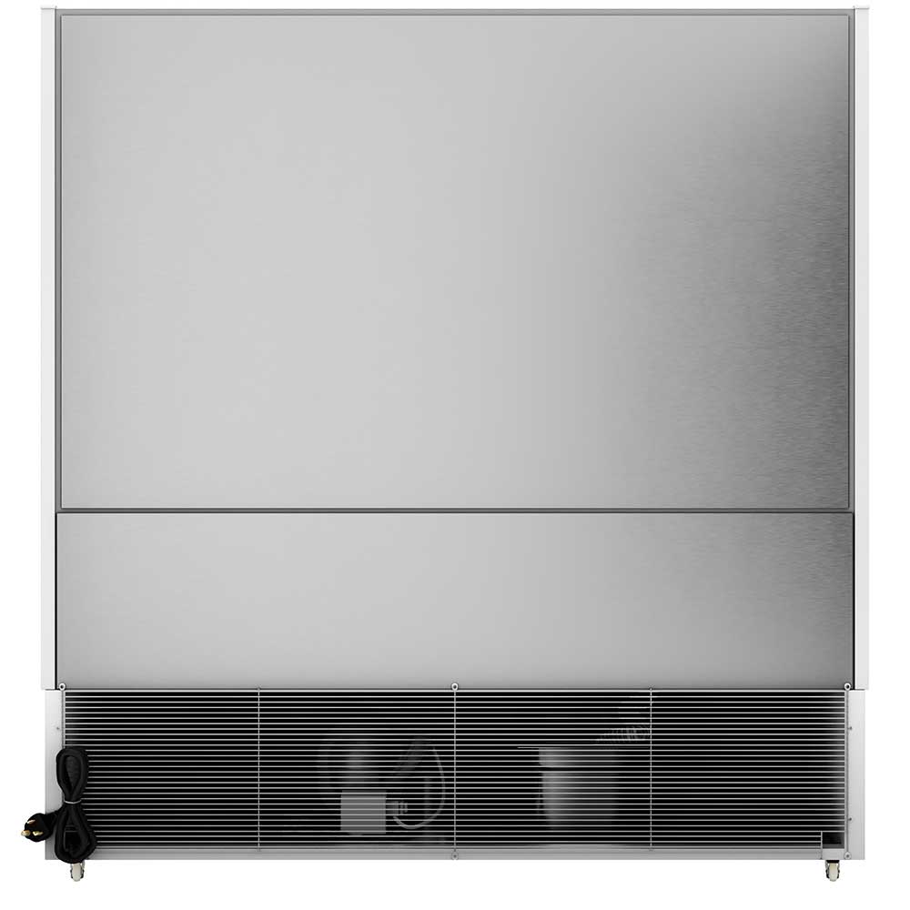 Coldline SOC-76-220-W white open air curtain merchandiser, back view with condensing unit