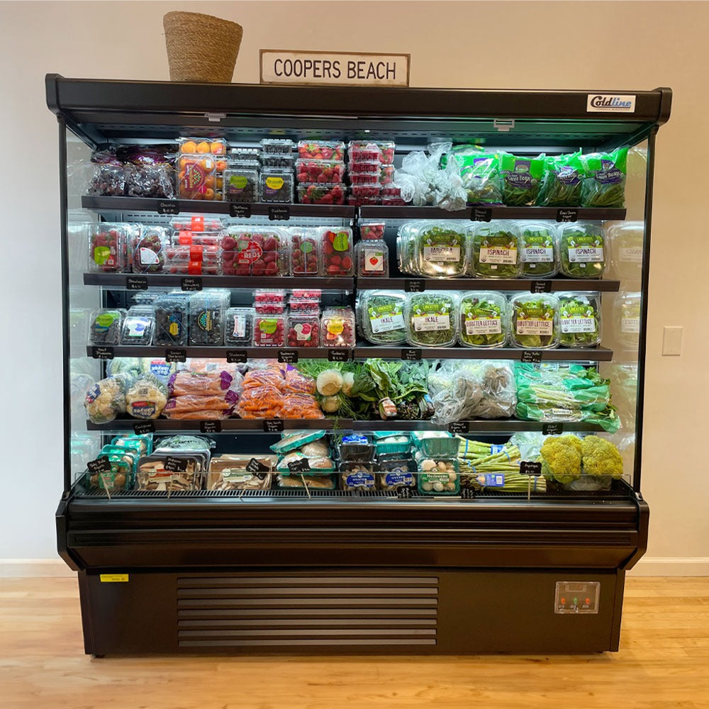 Coldline SOC-76-220-B black open air merchandiser, stocked with produce in a store (representative image)