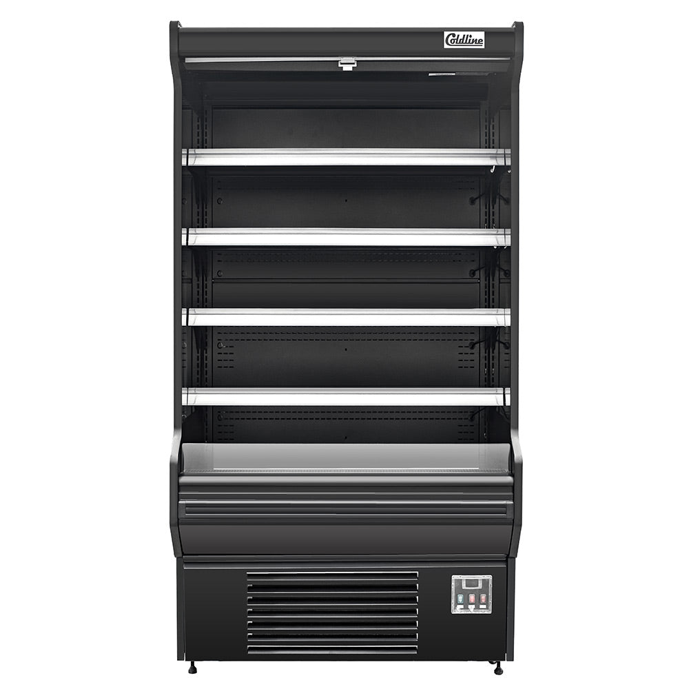 Coldline SOCD-51-B black open air merchandiser, front view, empty