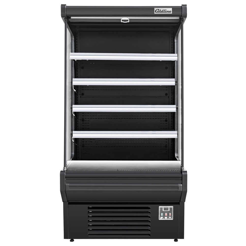 Coldline SOC-51-B black open air merchandiser, front view, empty